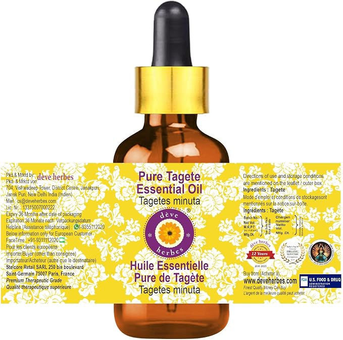 Deve Herbes Pure Tagete Essential Oil (Tagetes minuta) with Glass Dropper Steam Distilled 50ml (1.69 oz)
