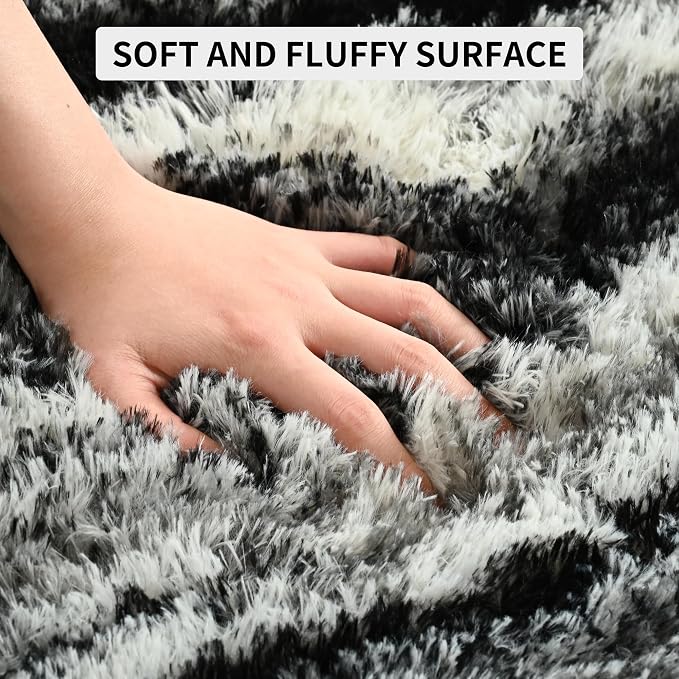 Tepook Fluffy Large Rugs for Living Room, 8x10 Area Rugs for Bedroom, Modern Shag Fuzzy Carpets for Kids Boys Girls, Plush Indoor Nursery Home Decor Rug with Non-Slip Bottom, Black White