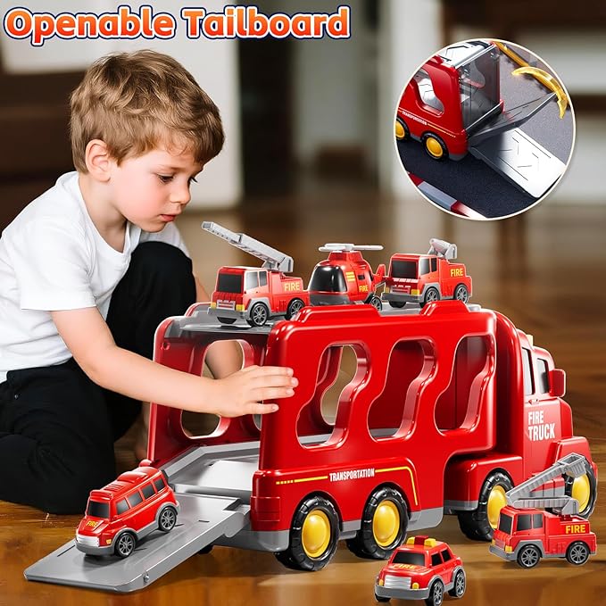 Fire Truck Toys for Toddler 1-3 3-5, 7-in-1 Fire Car Carrier Vehicle Set for Girls 1 2 3 4 5 6 Years Old, Transport Car with Light Sound, Birthdays Gifts for Kids Girls Aged 3-9