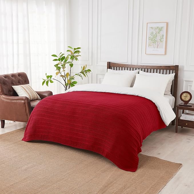 Douceur Christmas Red Throw Blanket for Bed, Soft Cozy Lightweight Stripe Pattern Knitted Throw Blanket for Sofa, Living Room Gift, 50"X60"