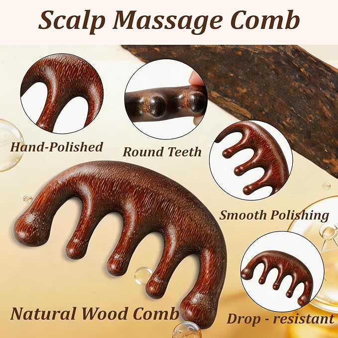 TOMULE 4Pcs Sandalwood Massage Tool Set with Cotton Linen Storage Bag | Cooling Brass Eye Roller, 5-Finger Scalp Massager, Gua Sha Comb, Reduce Puffiness and Relieve Stress