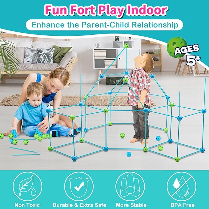 Kids Fort Building Kit 120 Pieces Construction STEM Toys for 3 4 5 6 7 8 9 10 11 12 Years Old Boys and Girls Ultimate Forts Builder Gift Build DIY Educational Learning Toy for Indoor & Outdoor