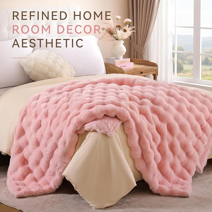 Faux Rabbit Fur Throw for Couch - Blush Pink Bubble Blanket 60"x80" | Fluffy Plush Fuzzy Throw for Sofa & Bed, Super Soft Cozy Comfrt Blanket, Luxury Aesthetic Pink Decor Gift for Women