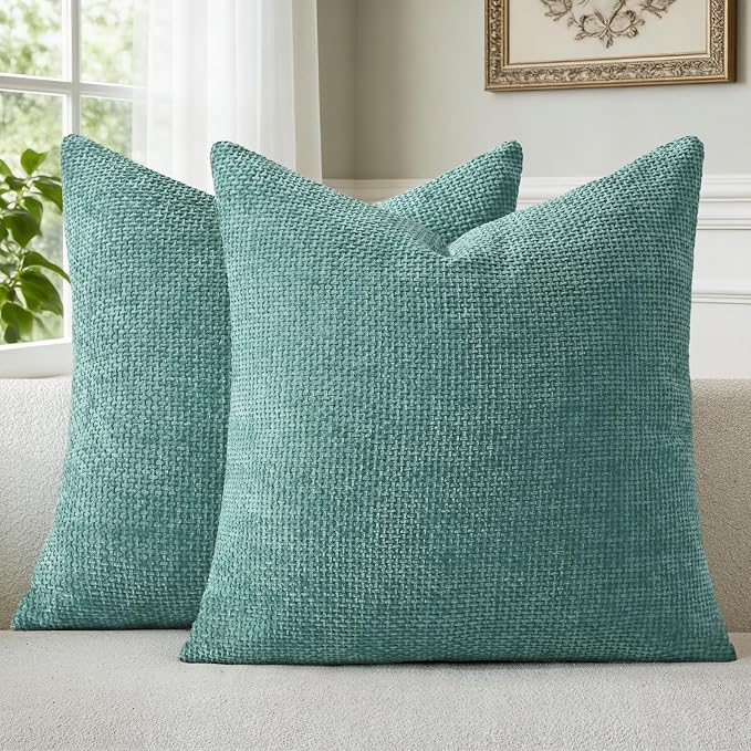 a moment Teal Chenille Throw Pillow Covers 22x22 Inch Pack of 2 Modern Decorative Throw Pillow Covers Farmhouse Cross Covers Home Decor for Sofa Bedroom Living Room