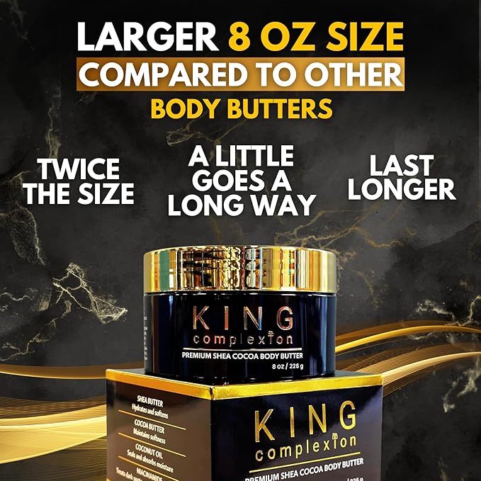 King Complexion Shea Cocoa Premium Body Butter - Large 8 oz - Coconut Oil - Black Skincare - Body Moisturizer - Ultra Hydration - Massage Butter - Light Cocoa Smell - Gives Skin It's Natural Glow