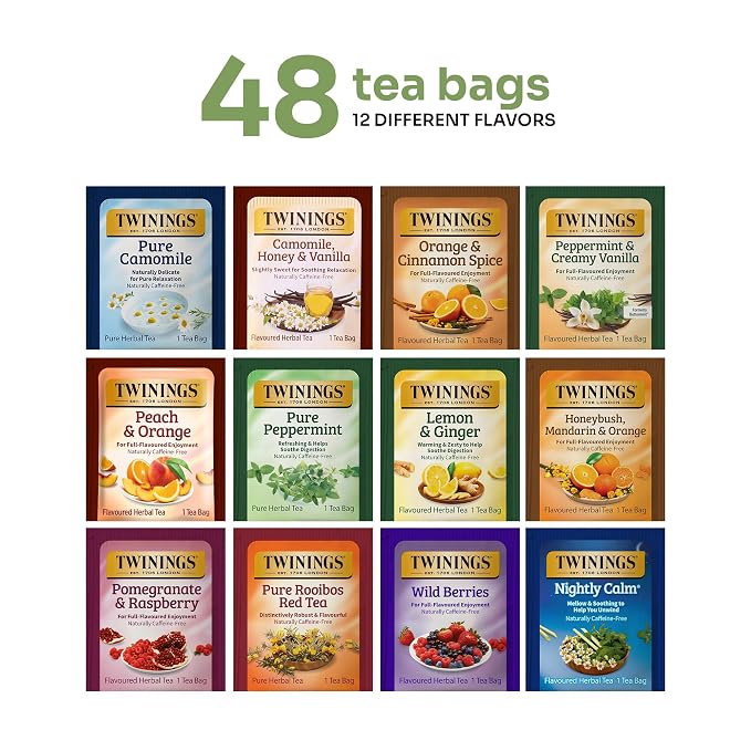 Twinings 48 Tea Bags Herbal Variety Pack – 12 Herbal Flavors, Caffeine-Free, Individually Wrapped, Perfect Tea for Any Occasion