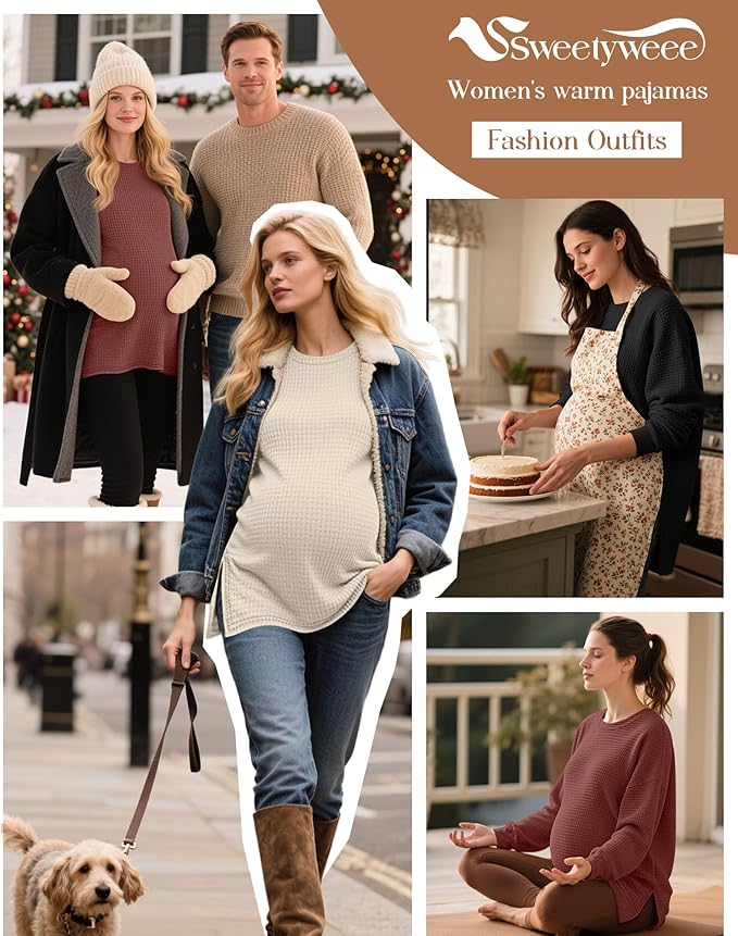 3 Pack Women's Maternity Shirts Long Sleeve Waffle Knit Side Split Oversized Tops Pregnancy Clothes Fall Tees
