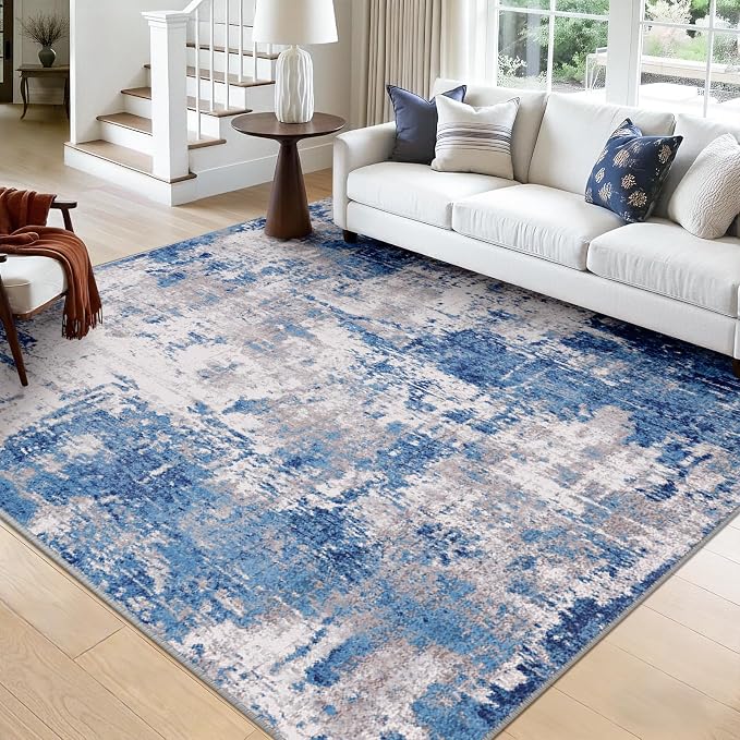 RELEANY Washable Square 9'x9' Area Rug for Living Room Blue Gray | carpet for bedroom, kitchen, office, hallway and entryway, printed pattern, non-slip, soft, stain-resistant, easy to clean