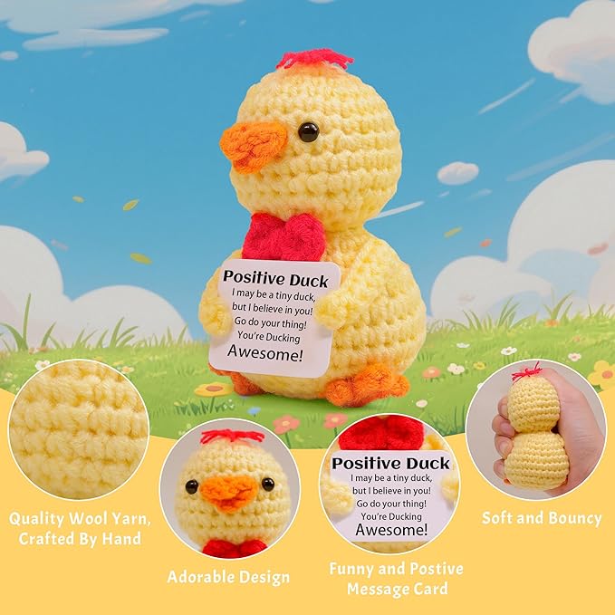Mini Funny Positive Duck, Knitted Wool Duck Toy with Positive Card - Creative Cute Crochet Doll Emotional Support Cheer Up Keepsake Gift for Friends, Student, Christmas