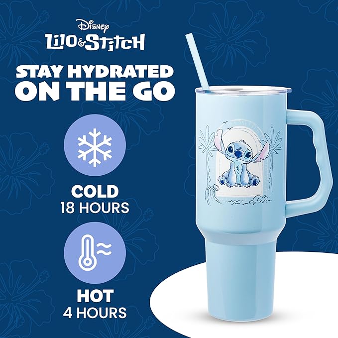 Silver Buffalo Disney Lilo and Stitch Minimalistic Design Ocean and Tropical Double Walled Stainless Steel Tumbler with Handle and Straw, Fits in Standard Cup Holder, 40 Ounces