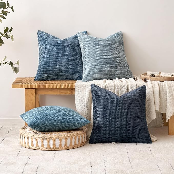MIULEE Decorative Couch Throw Pillow Covers 16x16 Inch Coastal Blue 2 Pack | Modern Boho Accent, Soft Chenille Pillow Covers, Farmhouse Cushion Cases for Home Decor Bed Sofa Living Room