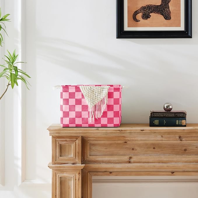 Hot Pink Coral Checkered Canvas Basket, Rectangular Organizing Decorative Storage Basket for Kids Dog Toy, Cute Aesthetic Race Cars Boy Room Decor for Home, Kitchen, Bedroom, Classroom, Shelves