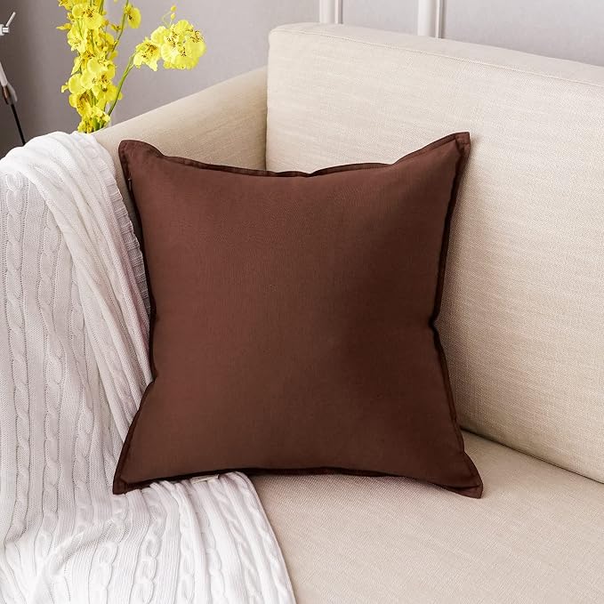 Jeanerlor 24" x 24" Natural Cotton Linen Soft Soild Decorative Square Throw Pillow Covers Green Set Cushion Case for Sofa Bedroom Car 60 x 60cm, Reddish Brown