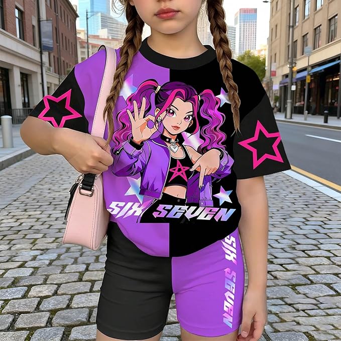 K-POP DEM0N Hunters Outfits for Girls, 2 Piece T-Shirts and Apparel Sets Birthday Gift