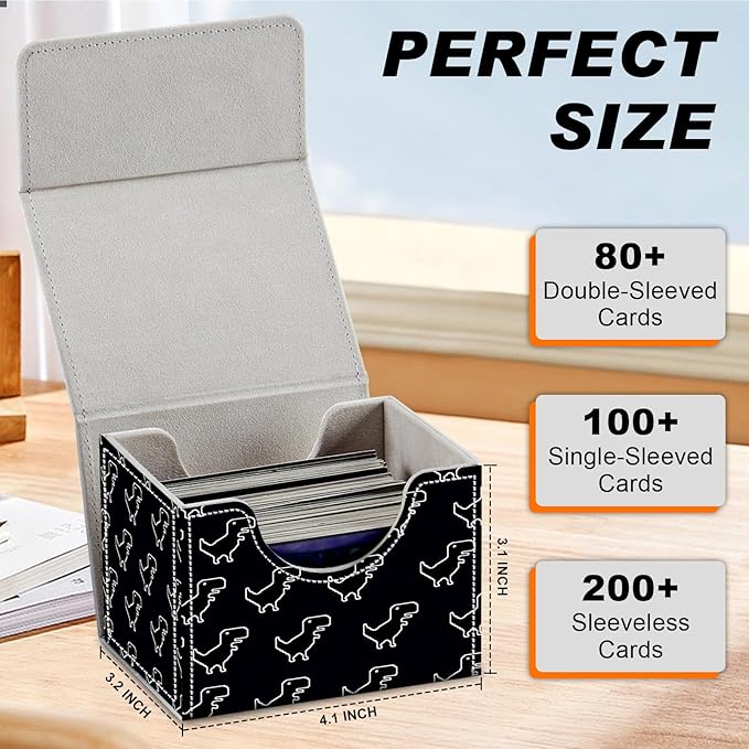 DEGDFSGR for TCG MTG Card Game Storage Box Organizer Trading Card Case Commander Deck Box Magnetic Closure Creative Pattern Up to 200 Cards, Little Dinosaur Black