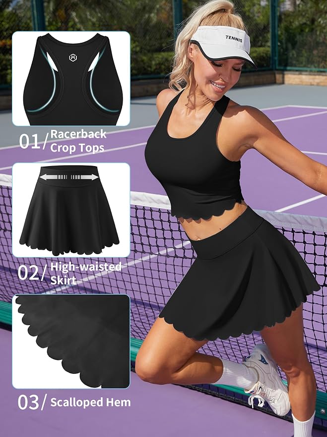 ATTRACO Tennis Outfits for Women Racerback Golf Dress Workout Dress | Athletic Skirt Set, Built-in Shorts, 2 Pockets, Scalloped, Racerback, High Waisted, Pickleball, Workout Set