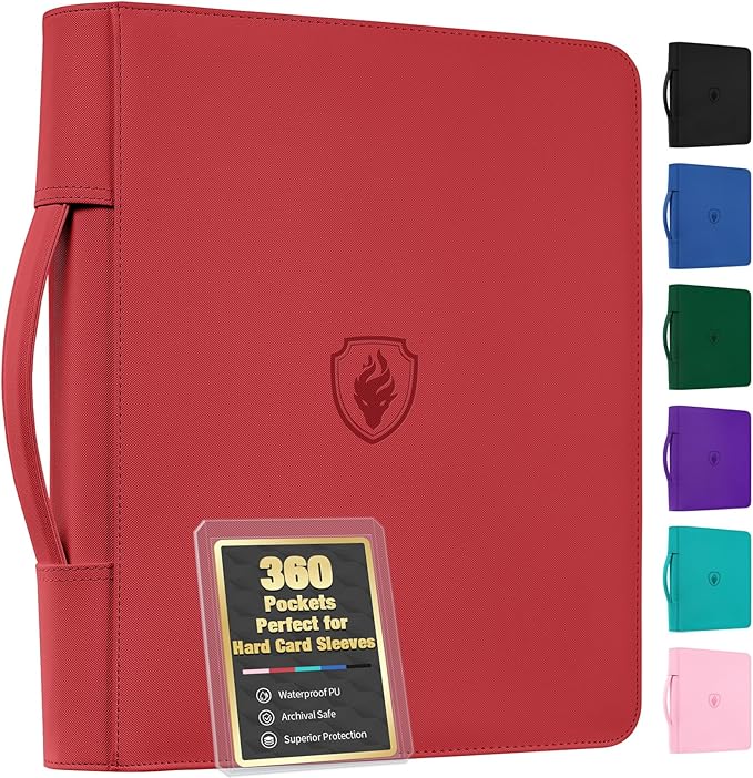 Fabmaker Top Load Binder Holds 360 Cards with Hard Card Sleeves, Portable Card Binder with Retractable Handle, Side Loading Trading Card Storage for Collectible Games, Sports Cards, Red