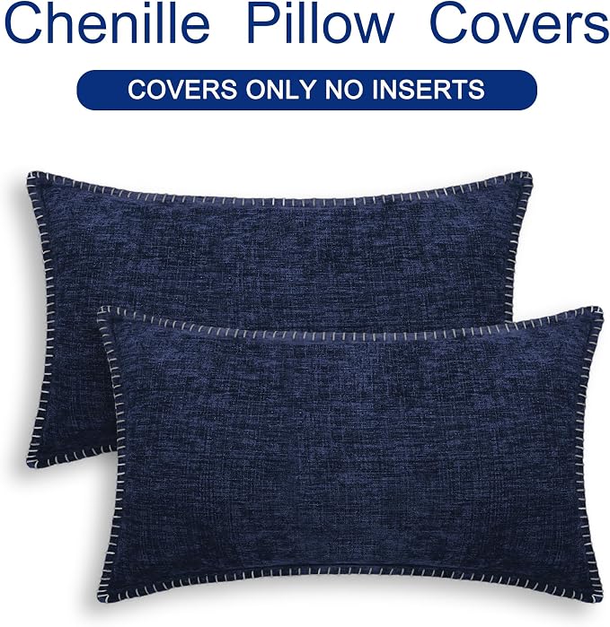CaliTime Decorative Couch Throw Pillow Covers 20 X 12 Inches Navy Blue | Pack of 2, Cozy Chenille Cushion Cases, Cotton Thread Stitching Edges, for Sofa Bed Living Room Farmhouse