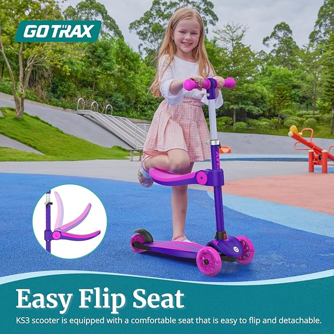 Gotrax KS3 Kids Kick Scooter, LED Lighted Wheels, Adjustable Height Handlebars and Removable Seat, Lean-to-Steer & Widen Anti-Slip Deck, 3 Wheel Scooter for Kids Ages 2-8 and up to 110 Lbs