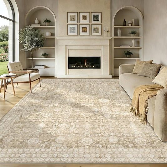8x10 Area Rugs for Living Room: Washable Large Vintage Floral Rug Low Pile Non-Slip Boho Carpet for Bedroom Home Office Dining Room (Brown, 8'x10')