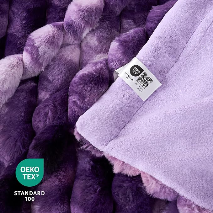 Cozy Bliss Faux Fur Throw Blanket for Couch, Cozy Warm Plush Striped Blanket for Sofa Bedroom Living Room, 50 * 60 Inches Tie-dye Purple