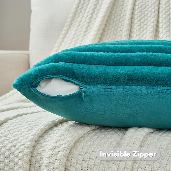 FUTEI Pack of 2 Faux Fur Throw Pillow Covers 28x28 Inch, Teal | Fluffy Faux Rabbit Fur Front/Premium Velvet Back,Hidden Zipper,Machine Washable,Non-Shedding,Colorfast,Insert Not Included.