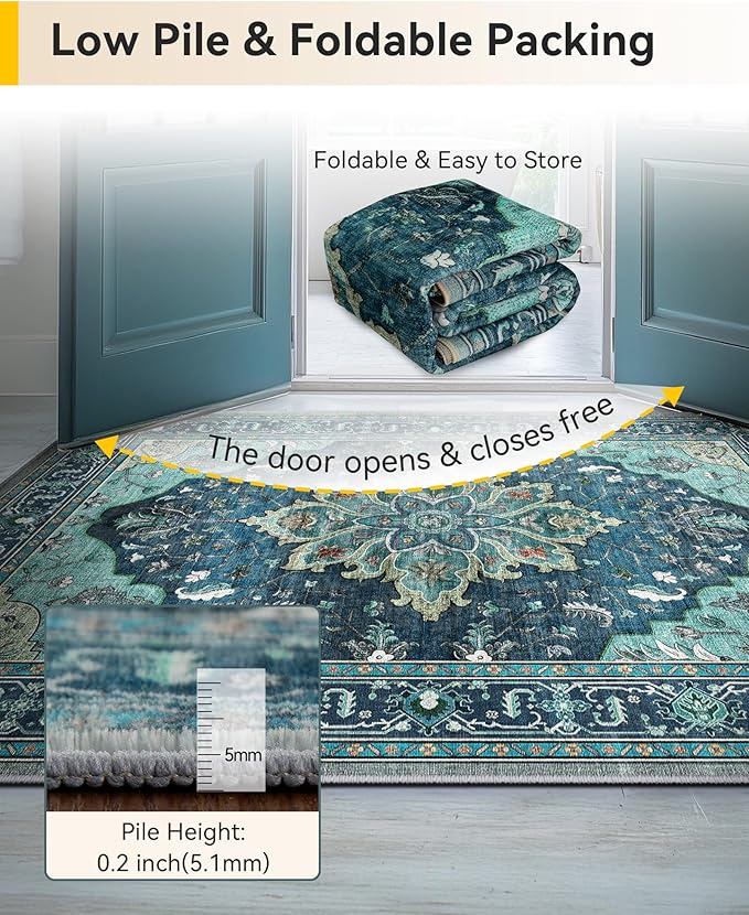 RELEANY Area Rugs 3'x4' Washable Non-Slip, Floral Vintage Distress Medallion Carpet for Living Room Bedroom Dining Room, Teal Green Lake Blue Turquoise