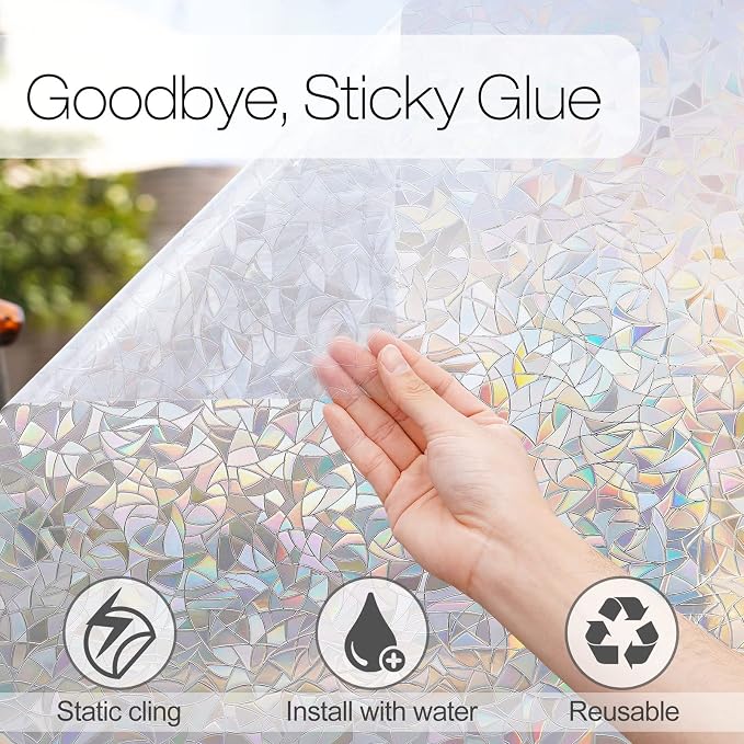 rabbitgoo Rainbow Window Privacy Film, Stained Glass Cling, 17.5" x 157.4" | Decorative Static Sticker, Non-Adhesive Reusable Window Tint, Heat Control UV Blocking Coverings for Home Doors, Living Room