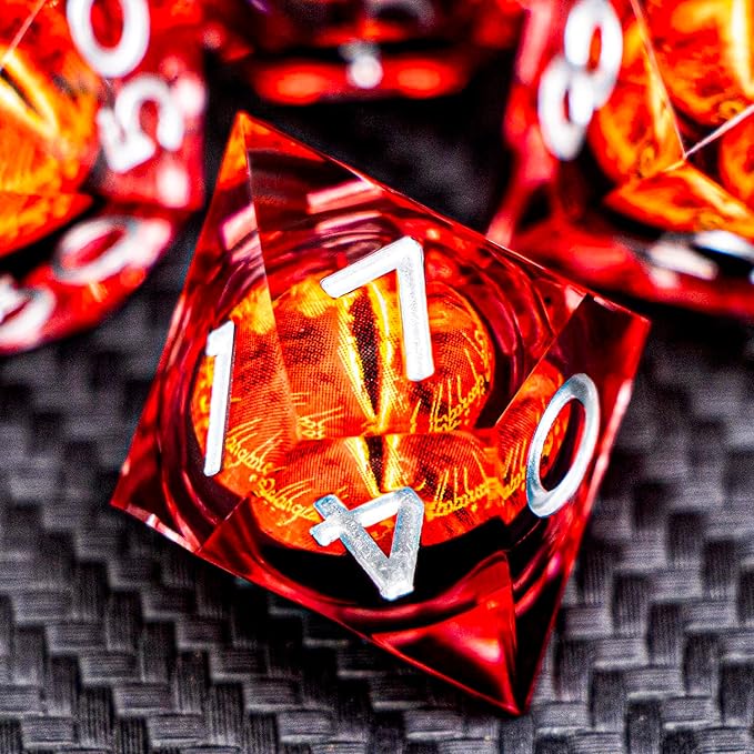 ARUOHHA DND Resin Dice Gazes Eye Dice Silver Red Liquid Core Flaming RPG Sharp Edged Dice Set with Gift Box, Polyhedral D and D Dice Set Compatible with Dungeons Dragons Role Playing Game D20 D6