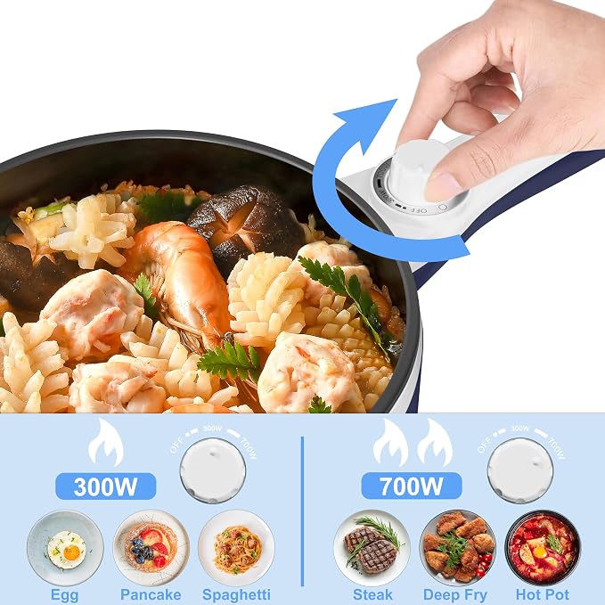Dezin Electric Pot, 1.5L Non-Stick Portable Hot Pot Electric Upgraded, 700W | Dual Power, Electric Pot for Cooking Steak, Egg, Oatmeal, Mini Ramen Cooker for Dorm, Travel, Camping, RV, Office, Navy Pan