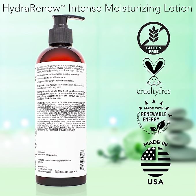 PURA D'OR HydraRenew Intense Moisturizing Lotion for Ultra Dry Skin – Hand & Body Cream with Cocoa & Shea Butters, Hyaluronic Acid, GHK-Cu Copper Tripeptide-1, Marine Collagen, Plant Stem Cells, 16 oz