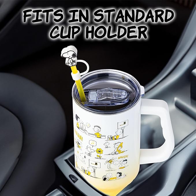 Silver Buffalo Peanuts Featuring Charlie Brown, Snoopy, Woodstock, Lucy, Sally, Linus, and More Stainless Steel Tumbler with Handle and Straw, Fits in Standard Cup Holder, 40 Ounces (Pack of 12)
