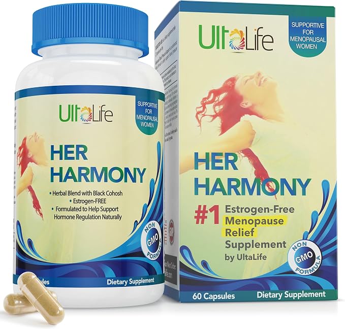 UltaLife Her Harmony Menopause Supplements for Women - Hot Flashes Menopause Relief & Hormone Balance for Women - Contains Black Cohosh, Dong Quai, Red Clover & More - Estrogen Free - 60 Capsules