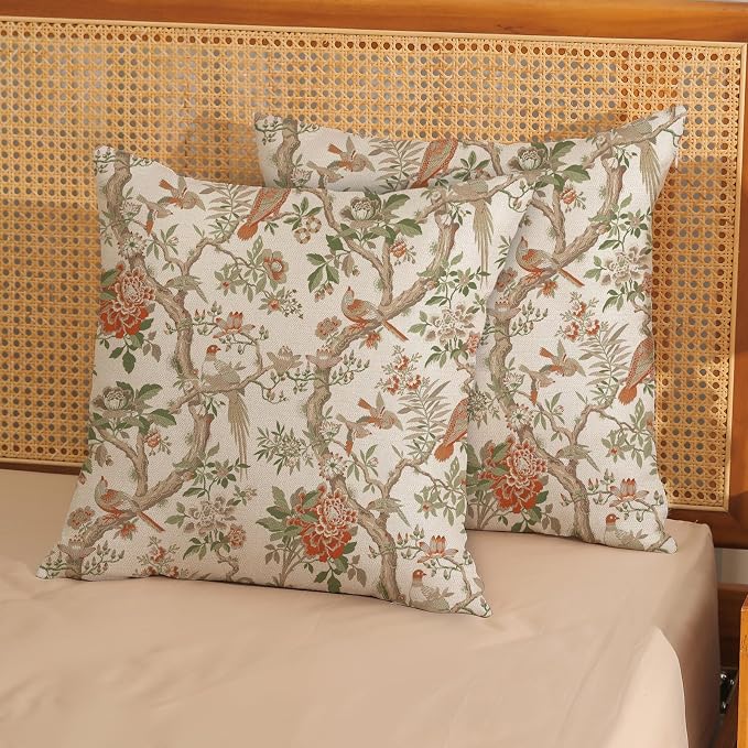 Chinoiserie Pillow Covers 18x18 Set of 2 Orange Green Bird Floral Throw Pillows Vintage Flowers Decorations Outdoor Pillowcase Chinoiserie Decor Farmhouse Linen Cushion Case for Couch Home