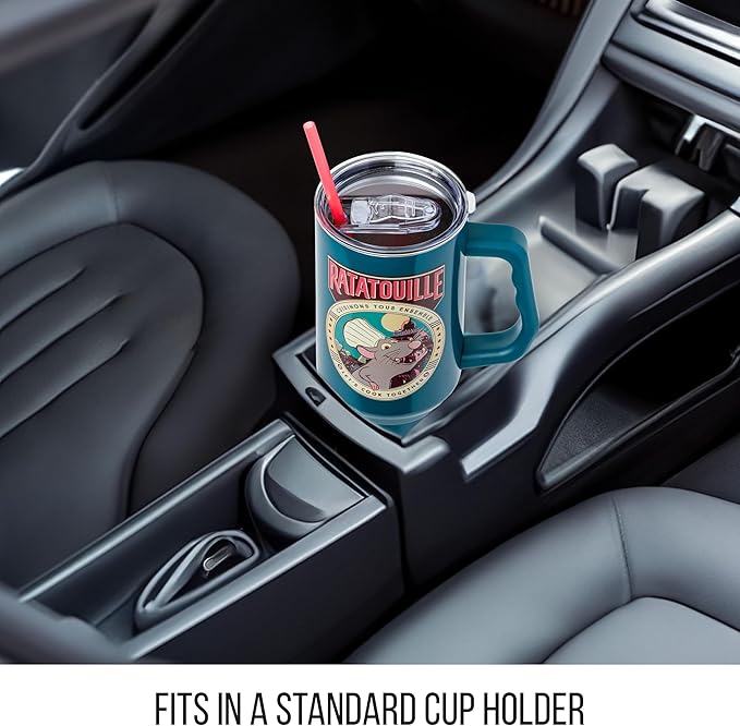 Silver Buffalo Disney Pixar Ratatouille Remy "Let's Cook Together" Double Walled Stainless Steel Tumbler with Handle and Straw, Fits in Standard Cup Holder, 40 Ounces