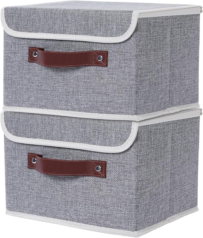 ANMINY Fabric Storage Box Bins with Lids, Gray, 13"x9"x7.9", 2 Pack | Keepsake Memory Storage, Cotton Linen, PP Board Reinforced, Washable, PU Handles, Foldable & Stackable, Decorative, Medium