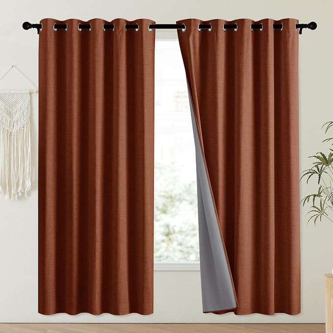 NICETOWN 100% Absolutely Blackout Linen Curtains with Thermal Insulated Liner, 62" Wide, 2 Panels, 72" Long Drapes, Grommet Retro Burnt Orange Linen Curtains Vertical Drapes Privacy for Bedroom