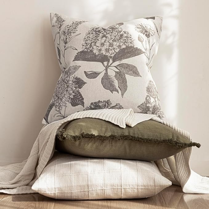 Foindtower Set of 2 Linen Floral Throw Pillow Covers Vintage Accent Print Decorative Cushion Covers Farmhouse Boho Home Decor for Sofa Chair Couch Bedroom Living Room,24×24 Inch,Light Gray