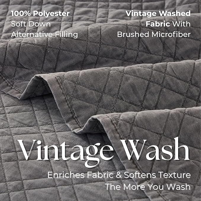 Twin Quilt Set with Sham Lightweight Quilted Bedspread Coverlet Thin Comforter Bed Cover Vintage Washed Quilted Blanket for All Season, Brushed Microfiber Diamond Stitching, Ash Gray, 66"x92"