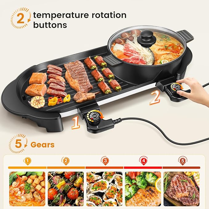 Electric Hot Pot with Grill Indoor Korean BBQ Grill Shabu-shabu Hotpot, Removable Hotpot Pot W/Large Capacity Baking Tray, Smokeless Non-Stick, 5-Gear Adjustable Temperature, 1-6 People 110V