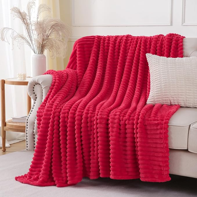 Cherry Red Throw Blanket for Couch Sofa 60x80 inches Striped Design | Fleece Blankets Room Home Decor Lightweight Plush Soft Cozy Gifts for Women Mom