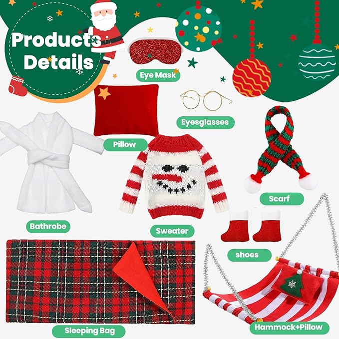 9PCS Christmas Doll Clothes Accessories Set Including Christmas Sleeping Bag Bathrobe Scarf Glasses Pillow Boots Sweater Eyepatch Hammock, Christmas Outfits for Doll Decor, Gift for Kids Boys Girls