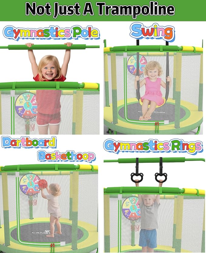 LANGXUN 60" Trampoline for Kids, 5ft Toddler Mini 6-in-1 Trampoline Indoor Outdoor with Swing, Basketball Hoop, Dart Board, Gymnastics Bar, Rings, Christmas Toys Birthday Gifts for Girls Boys