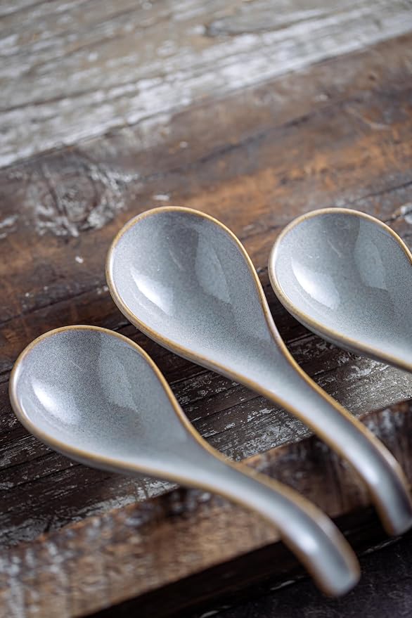 LYEOBOH Ceramic Asian Soup Spoons Set of 6, Ramen Spoons with Long Handle | Japanese Ramen Spoons with Deep Hook Design for Miso Rice, Chinese Soup Spoons for Kitchen, Dishwasher Microwave Safe, Gray