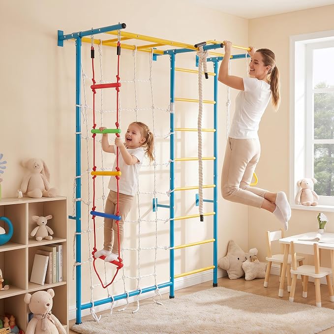 VEVOR Indoor Jungle Gym for Toddlers, 7-in-1 Climbing Playset with Carbon Steel Swedish Ladder, Wall Ladder, Pull-Up Bar, Rope Ladder, and Gymnastic Rings, Supports 220 lbs, Multicolor