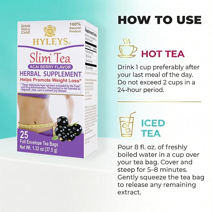 Hyleys Slim Tea Acai Berry Flavor - Weight Loss Herbal Supplement Cleanse and Detox - 25 Tea Bags (6 Pack)