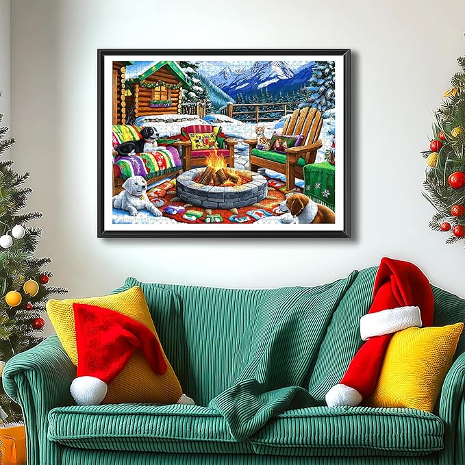 Blueforest 500 Piece Puzzle for Adults, Winter Cabin Fire Pit Jigsaw Puzzle - Dogs, Cat & Cozy Outdoor Seating, 23x15 Inch Art Puzzle, Hard Difficult Challenging Fun Puzzles for Adults