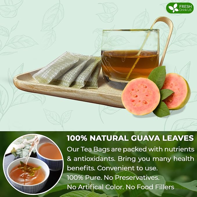 FRESHDRINKUS, Premium 75 Guava Leaf Tea Bags, 100% Natural & Pure. Loose Leaf Guava Herbal Tea. No Sugar, No Caffeine, No Gluten, Vegan.