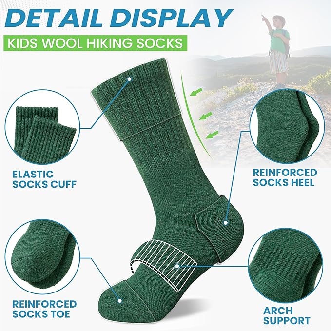 WEVIAS Kids Merino Wool Hiking Socks Boys Thermal Winter Cozy Boot Warm Cushion Socks 6 Pairs