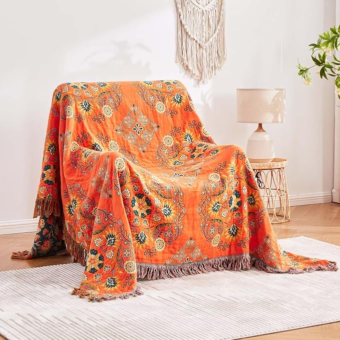 XIBLC Boho Throw Blanket, 100% Cotton Ultra Soft Luxury Throw Rustic Quilt, 60"x80" Floral Printed Farmhouse Decor Bed Summer Blankets, All Season Rustic Reversible Bohemian Throw for Bed - Orange